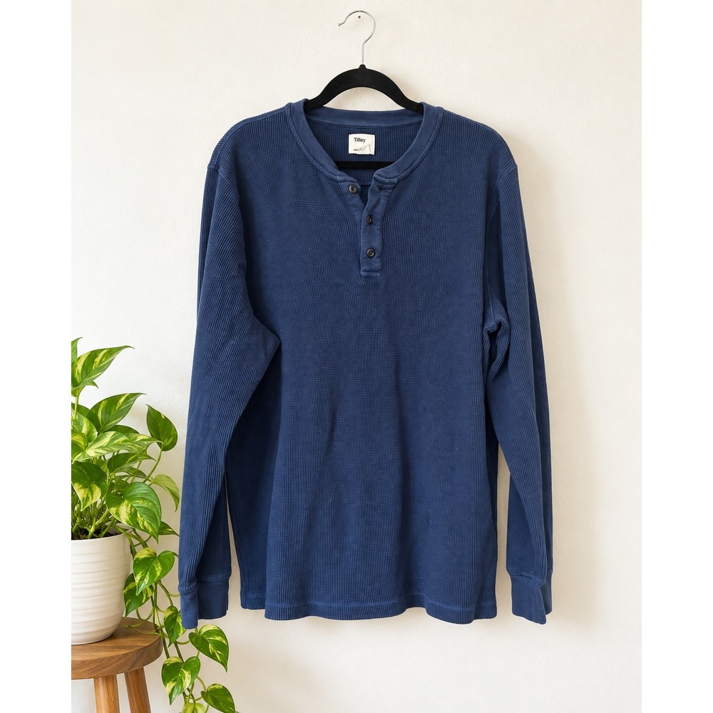 Tilley Mens Navy Blue Waffle Knit Long Sleeve Henley Shirt Sz XXL Y2K Cozycore